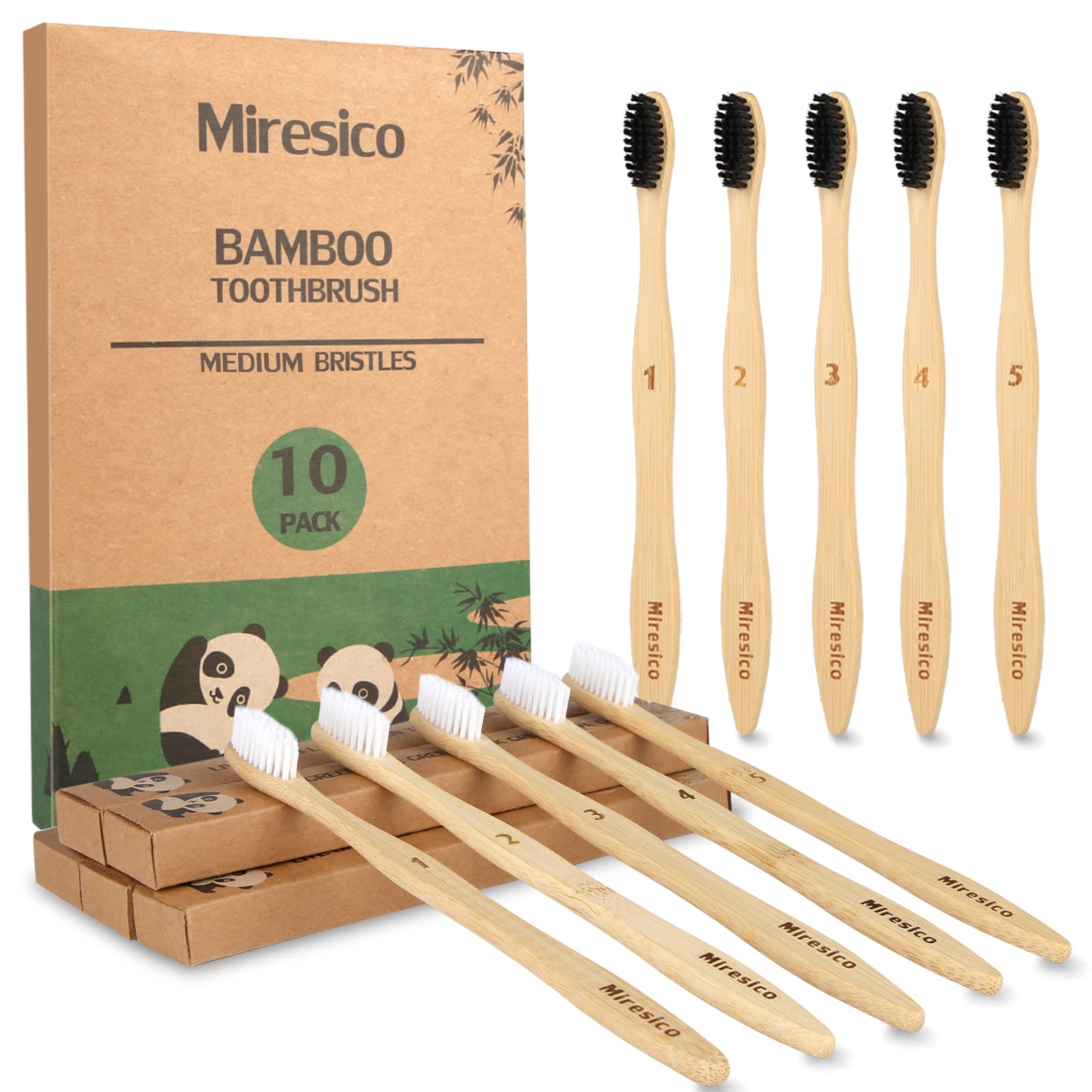 Eco-Friendly Natural Bamboo Toothbrushes (10 Pack) BPA Free Toothbrush Size Medium